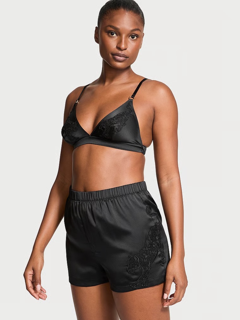 Victoria’s Secret Jaguar Satin Triangle Bralette and Boxer Shorts Set